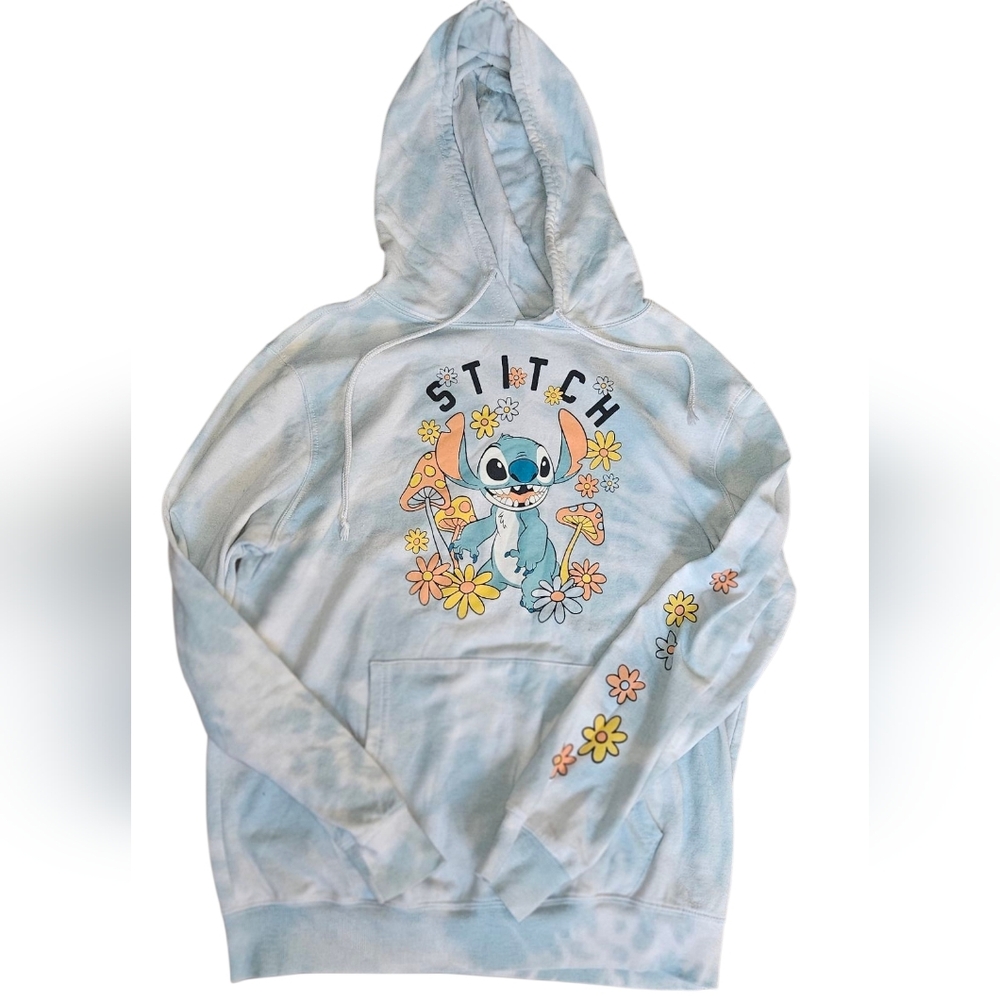 Disney Lilo and Stitch Blue White Tie Dye Graphic Floral Hoodie Sweatshirt XL